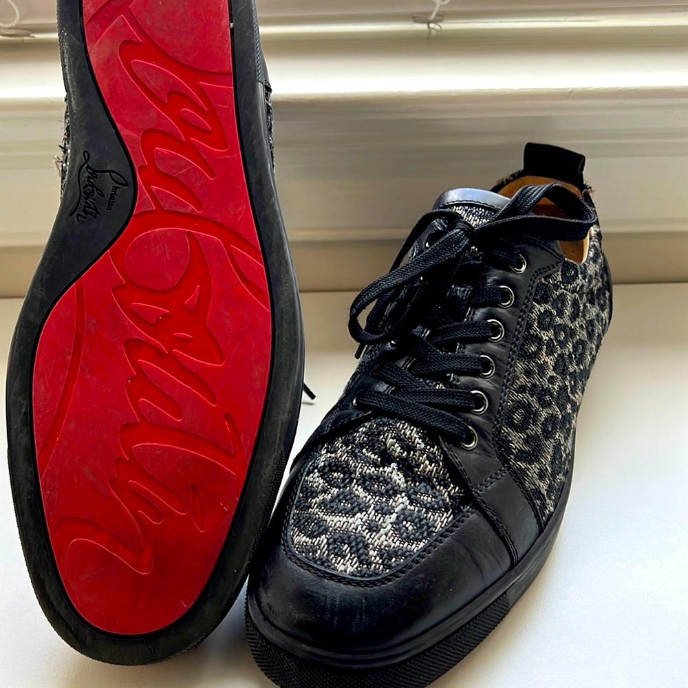 Black leather leopard knit sneaker